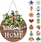 Interchangeable Seasonal Welcome Sign Front Door Decoration, Rustic Round Wood Wreaths Wall Hanging Outdoor